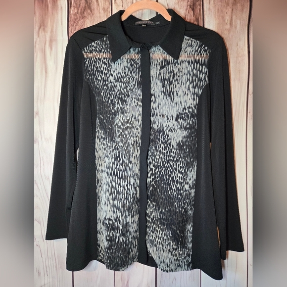 Robert Kitchen Black and Gray Button Down Shirt Sheer Panels Womens Medium - Picture 1 of 6
